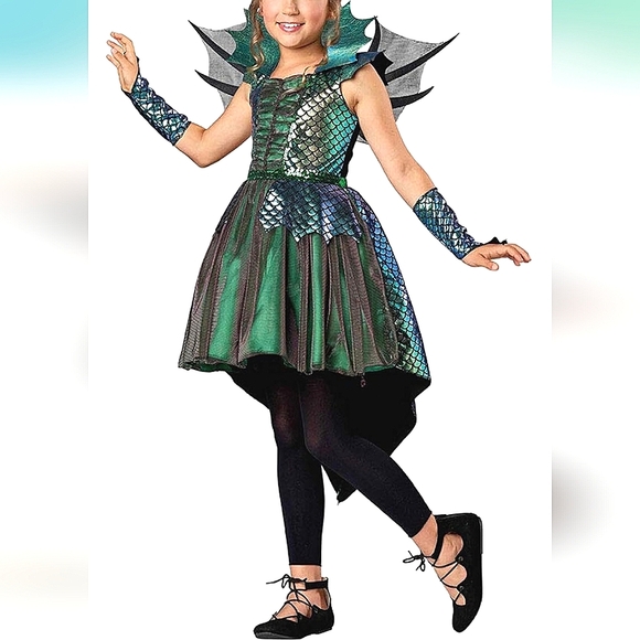 Girls Green/Purple Embellished Dragon Costume Tulle Dress Halloween Party - Picture 2 of 12